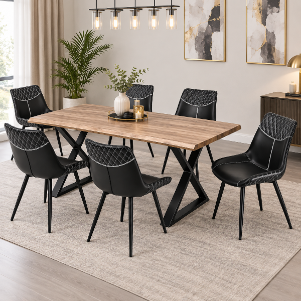 Lingo Dining Table Set For 6 With Black PU Leather Chairs