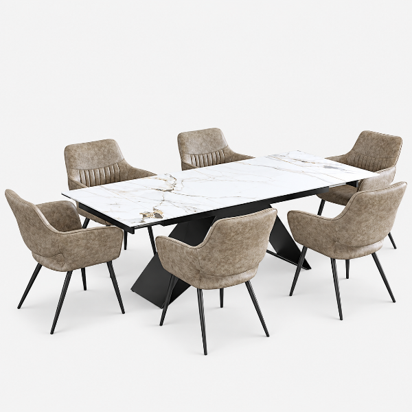 Lockie Dining Table Set For 6 With PU Leather Chairs