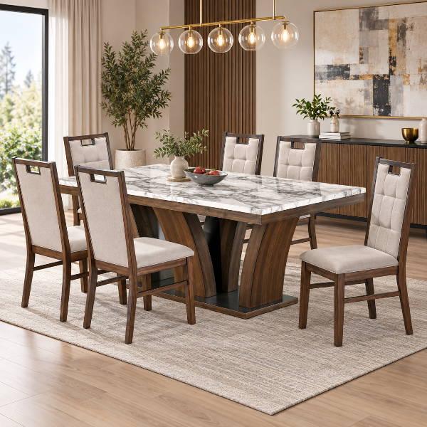 Neil Dining Table Set For 6 With Fabric Upholstered Chairs