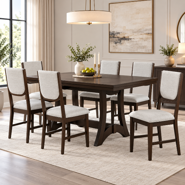Ville 7-Piece Brown Dining Table Set With Fabric Upholstered Chairs