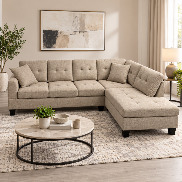 Welson Almond Sectional Sofa In Fabric Upholstery With Built-In USB Charging Ports