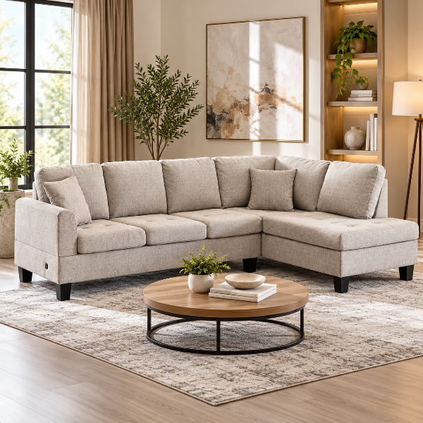 Welson Almond Sectional Sofa In Fabric Upholstery With Built-In USB Charging Ports