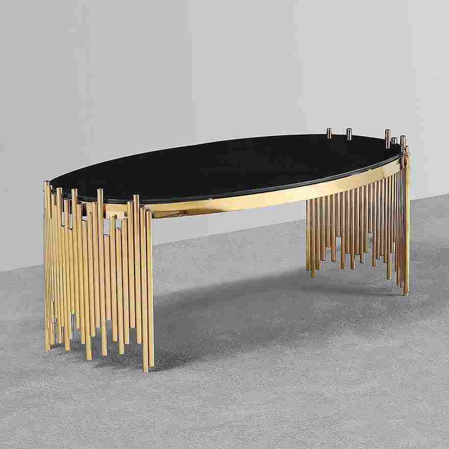 Clark Coffee Table in Black Glass Contemporary Elegance with Gold Accents
