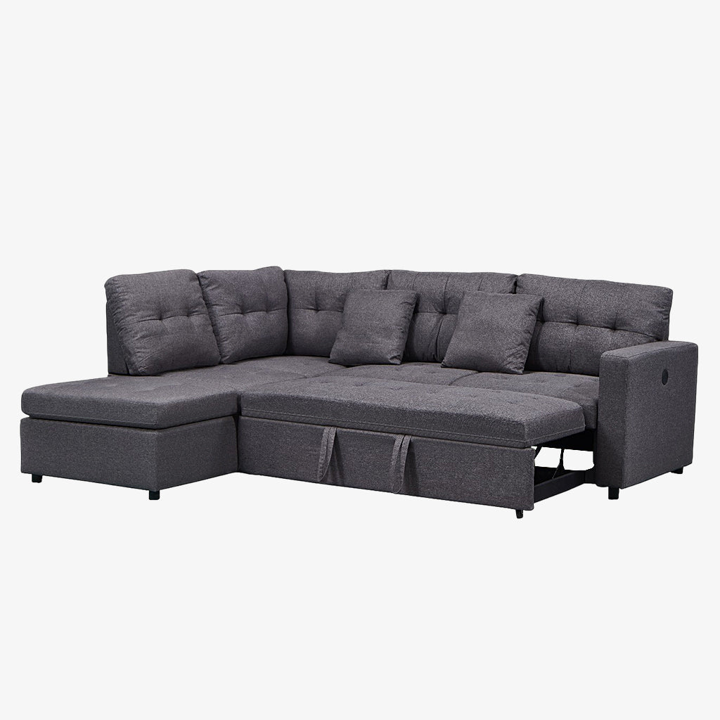 Cloud Fabric Upholstered Sectional Sofa Bed With LHF Chaise - Grey