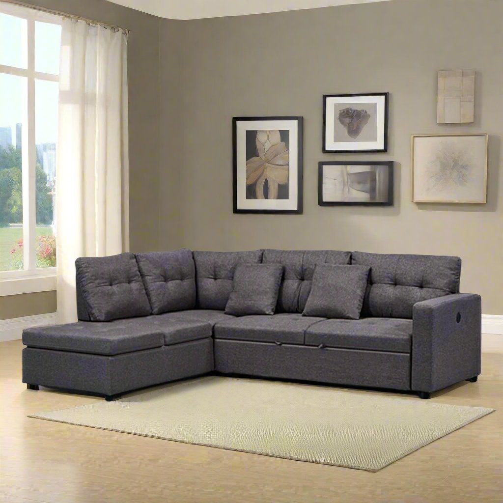 Cloud Fabric Upholstered Sectional Sofa Bed With LHF Chaise - Grey