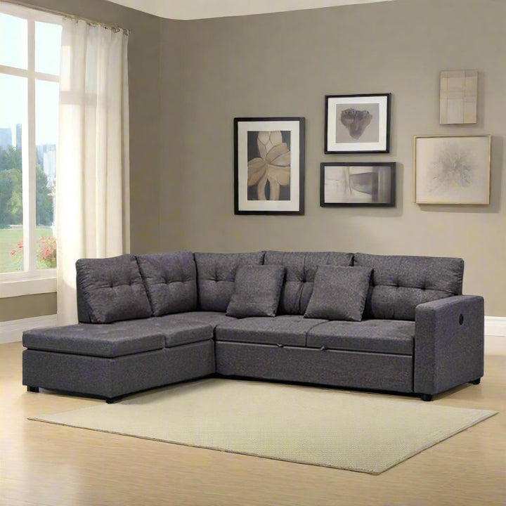 Cloud Fabric Upholstered Sectional Sofa Bed With LHF Chaise - Grey