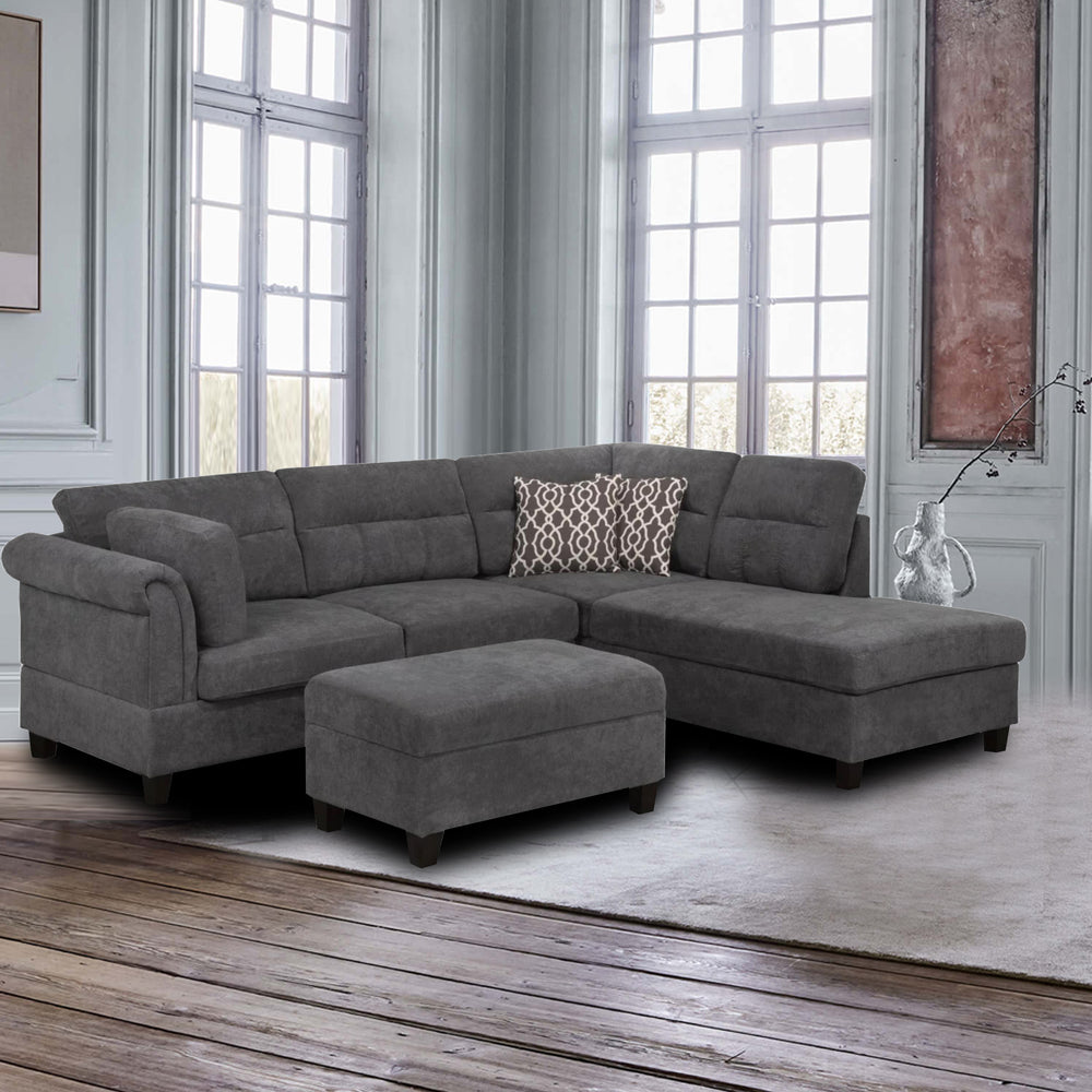 Contemporary Grey Sectional with Ottoman - Timeless Design, Ultra Comfort, and Matching Accent Pillows