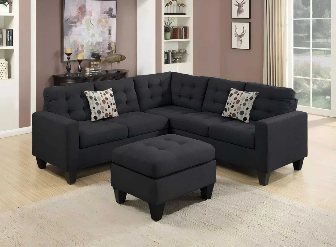 Dawson 4-Piece Fabric Upholstered Sectional Sofa With Cocktail Ottoman - Black