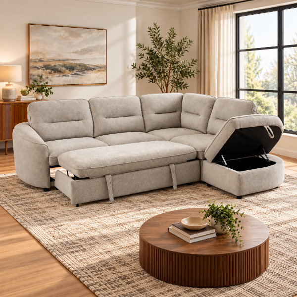 Stuart Beige Sleeper Sectional Sofa With Storage Chaise | Available In RHF/ LHF Configuration