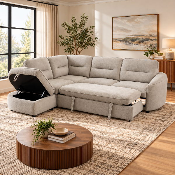 Stuart Beige Sleeper Sectional Sofa With Storage Chaise | Available In RHF/ LHF Configuration