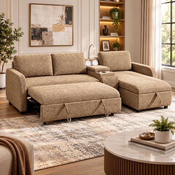 Michi Brown Sectional Sofa Bed With Reversible Storage Chaise &amp; Console