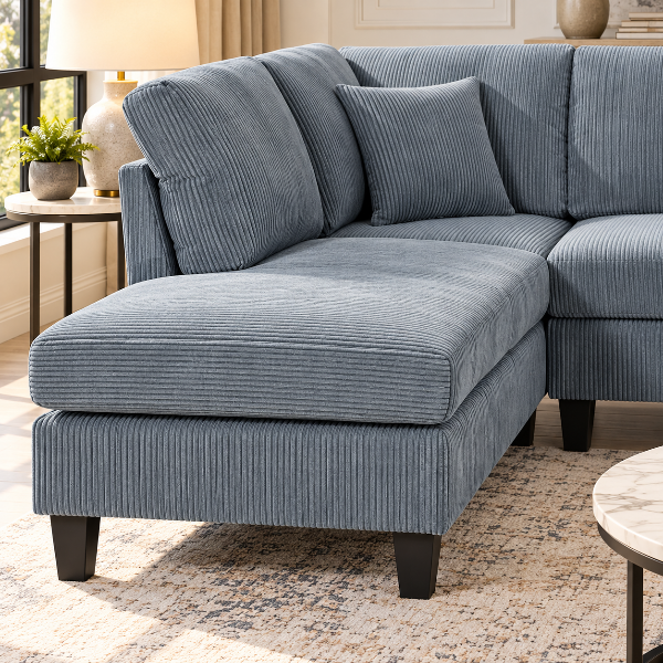 Jerry Grey Fabric Upholstered Sectional Sofa With Reversible Chaise &amp; Ottoman