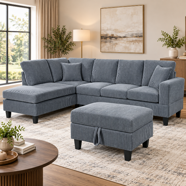 Jerry Grey Fabric Upholstered Sectional Sofa With Reversible Chaise &amp; Ottoman