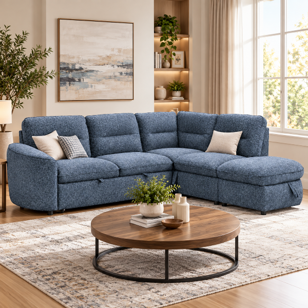 Stuart Blue Sleeper Sectional Sofa With Storage Chaise | Available In RHF/ LHF Configuration