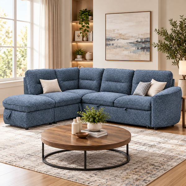 Stuart Blue Sleeper Sectional Sofa With Storage Chaise | Available In RHF/ LHF Configuration