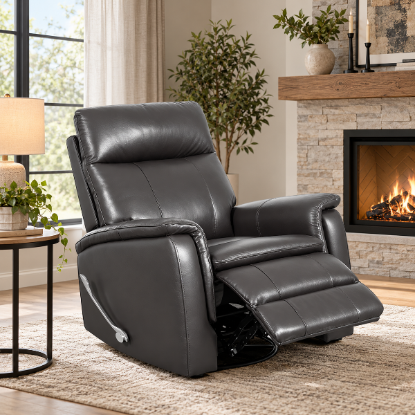 Damon Manual Recliner Chair in Leather Upholstery - Graphite | Genuine Leather, Swivel Base &amp; Gentle Gliding Motion