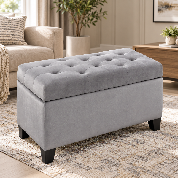 Shiv Fabric Upholstered Grey Storage Accent Ottoman