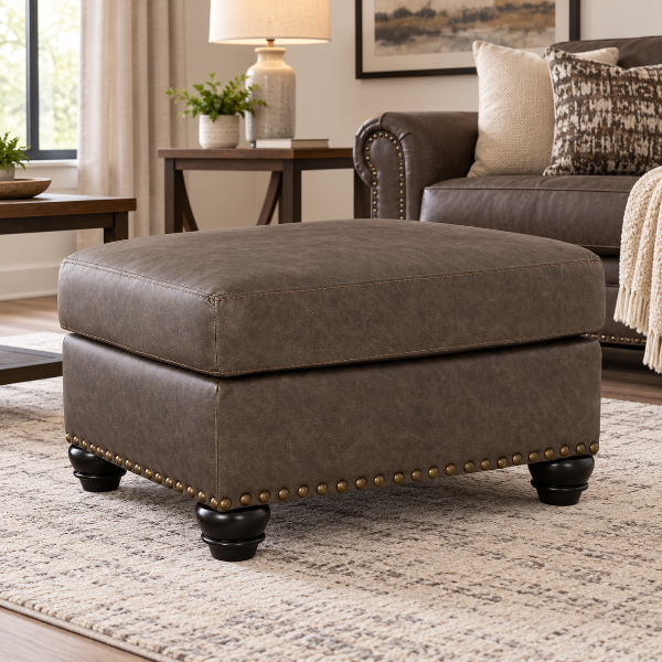 5550314 Roxmere Accent Ottoman In Faux Leather Upholstery - Umber | Benchcraft By Ashley