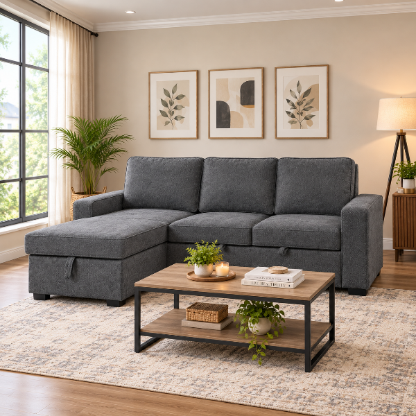 Jeffa Grey Fabric Upholstered Sofa Bed With Chaise Lounge