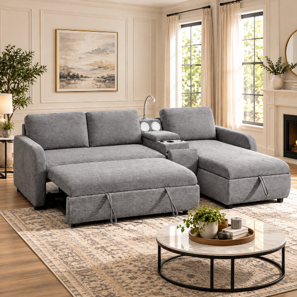 Michi Light Grey Sectional Sofa Bed With Reversible Storage Chaise &amp; Console