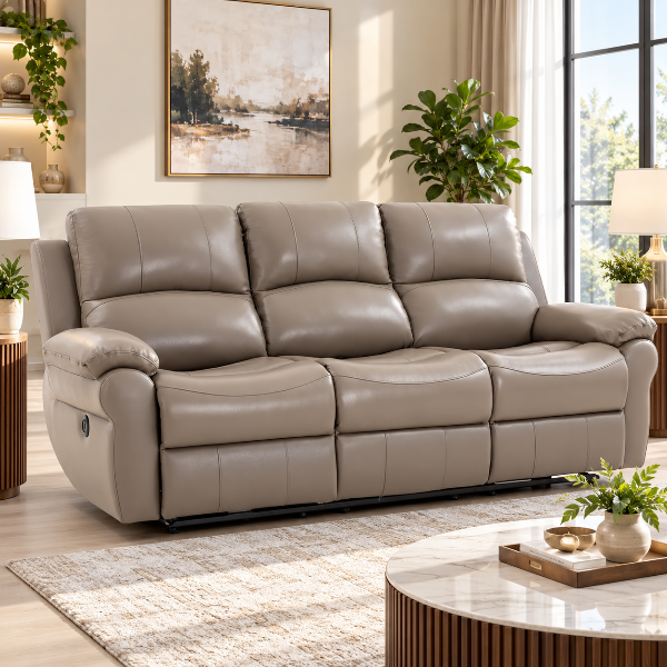Emeren Power Recliner Sofa in Leather Upholstery - Grey | Modern, Comfortable &amp; Built to Last