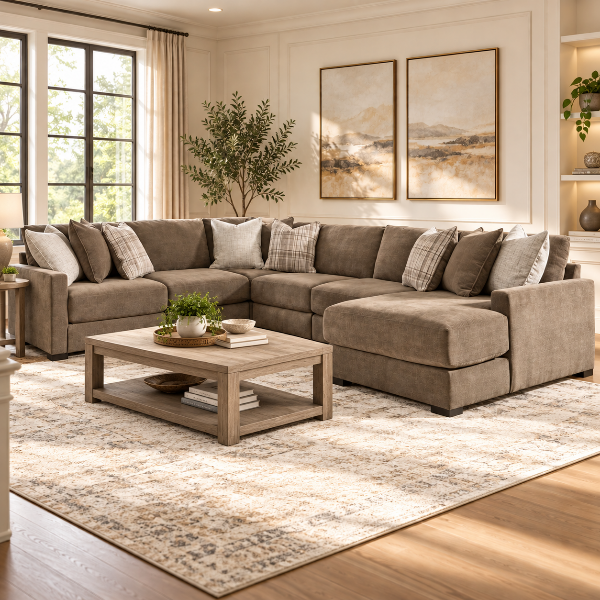 Camellia-Court 6-Piece Fabric Upholstered Sectional Sofa With Chaise - Coffee | Benchcraft By Ashley