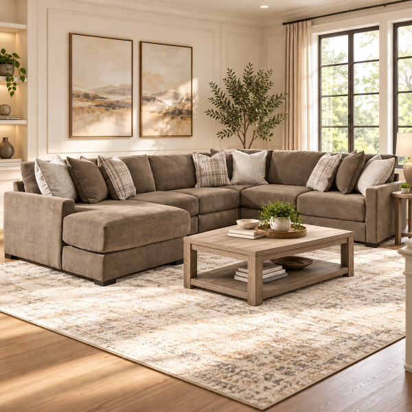 Camellia-Court 6-Piece Fabric Upholstered Sectional Sofa With Chaise - Coffee | Benchcraft By Ashley