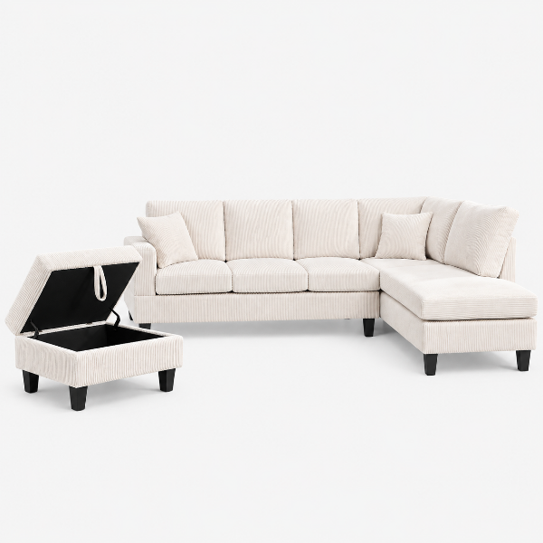 Jerry Beige Fabric Upholstered Sectional Sofa With Reversible Chaise &amp; Ottoman
