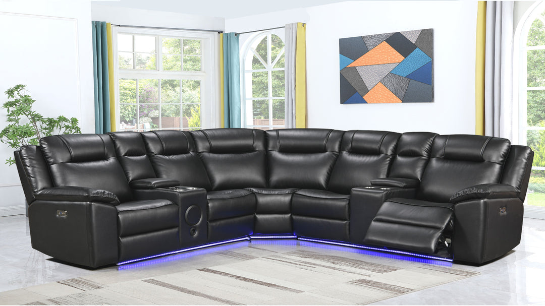 Nestle 5-Seater Sectional Recliner In Leather Upholstery - Black