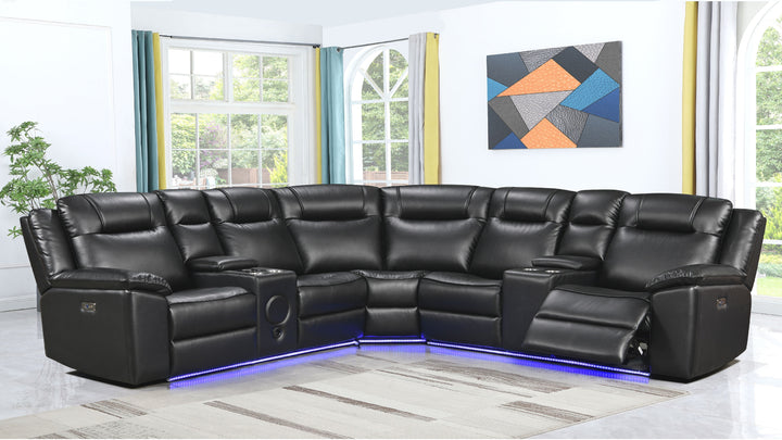 Nestle 5-Seater Sectional Recliner In Leather Upholstery - Black