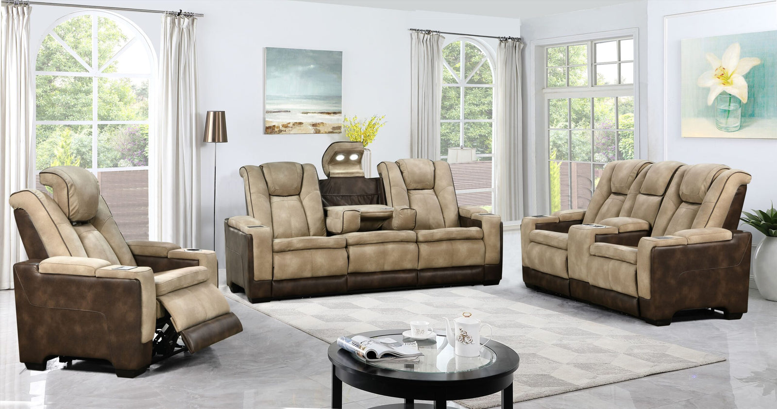 Trance 3-Piece Power Recliner Set In Leather Upholstery - Beige/ Brown - Close-Up Detail