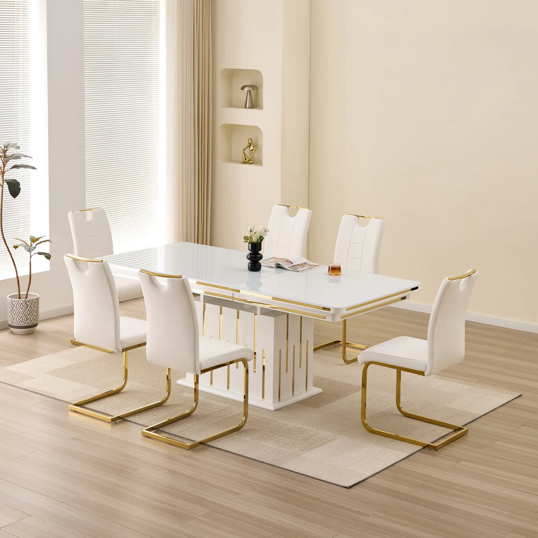 Zenix Stylish Dining Table Set For 6 With Leather Upholstered Chairs - White/ Gold