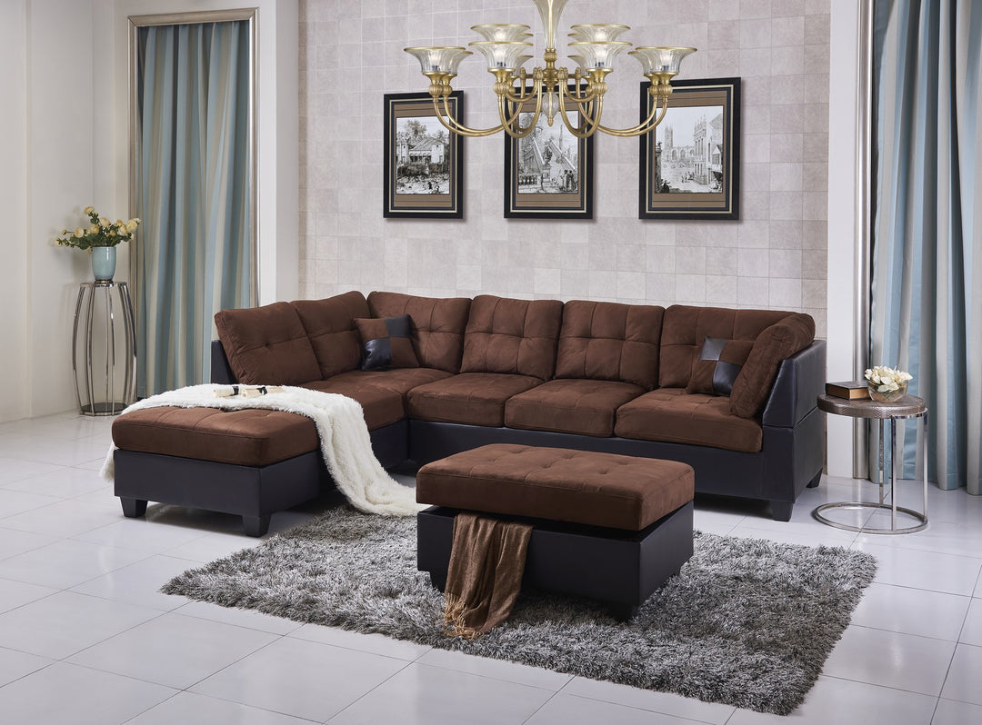 Eva Sofa Sectional Set with Left Storage Chaise and Ottoman - Grey/ Chocolate