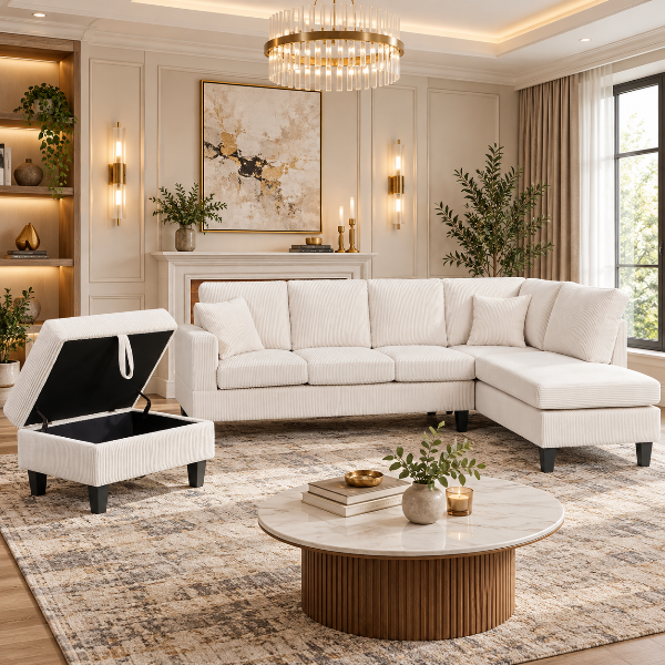Jerry Beige Fabric Upholstered Sectional Sofa With Reversible Chaise &amp; Ottoman