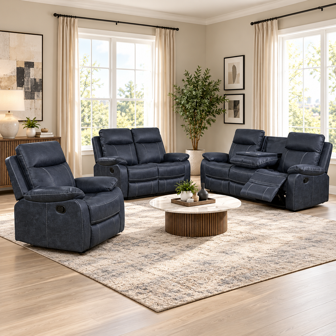 Velmor 3-Piece Manual Recliner Set In Fabric Upholstery – Blue