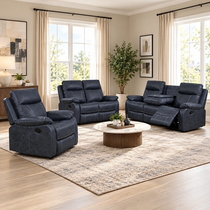 Velmor 3-Piece Manual Recliner Set In Fabric Upholstery – Blue