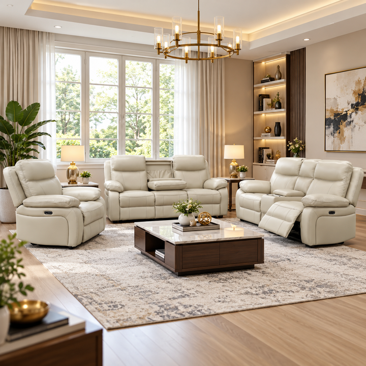 Cuddle 3-Piece Power Recliner Set In Genuine Leather Upholstery - Beige