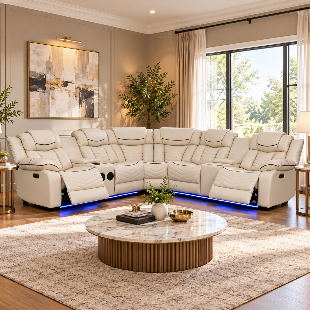 Mitchell Beige 5-Seater Power Recliner Sectional Sofa with LED Lights &amp; Bluetooth Speakers