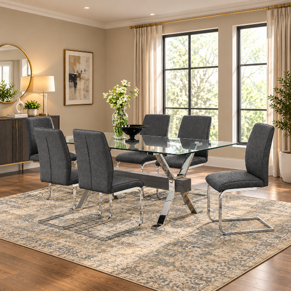 Surrey 7-Piece Grey Dining Table Set With Glass Tabletop
