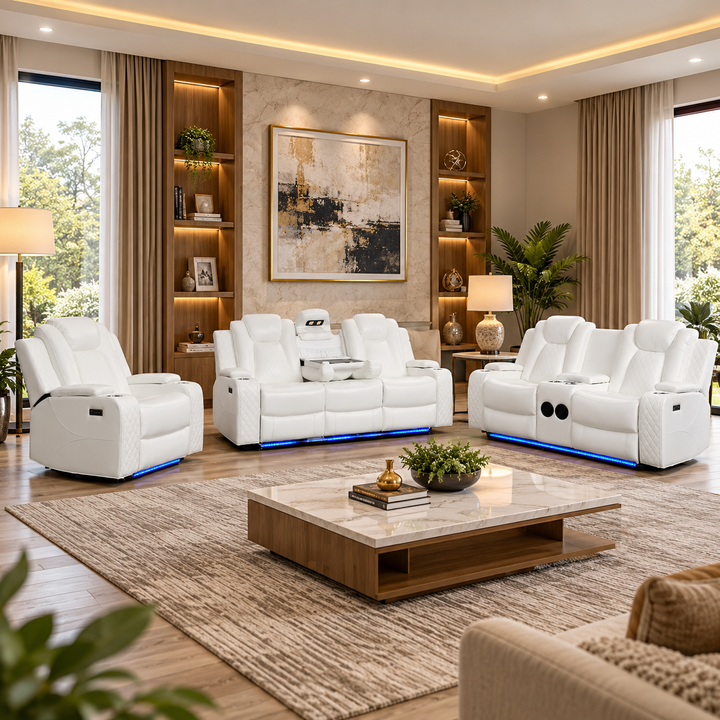 Halley 3-Piece Power Recliner Set In Air Leather Upholstery - White
