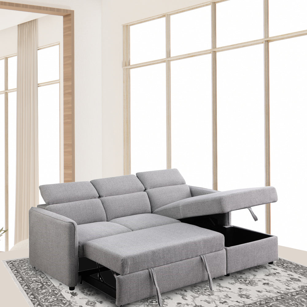 Ellis Grey RHF Sectional Sleeper - Plush Fabric, Pull-out Bed, Storage Chaise, Modern Design