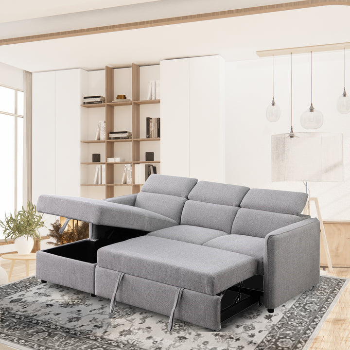 Ellis Grey LHS Sectional Sleeper - Plush Fabric, Pull-out Bed, Storage Chaise, Contemporary Design