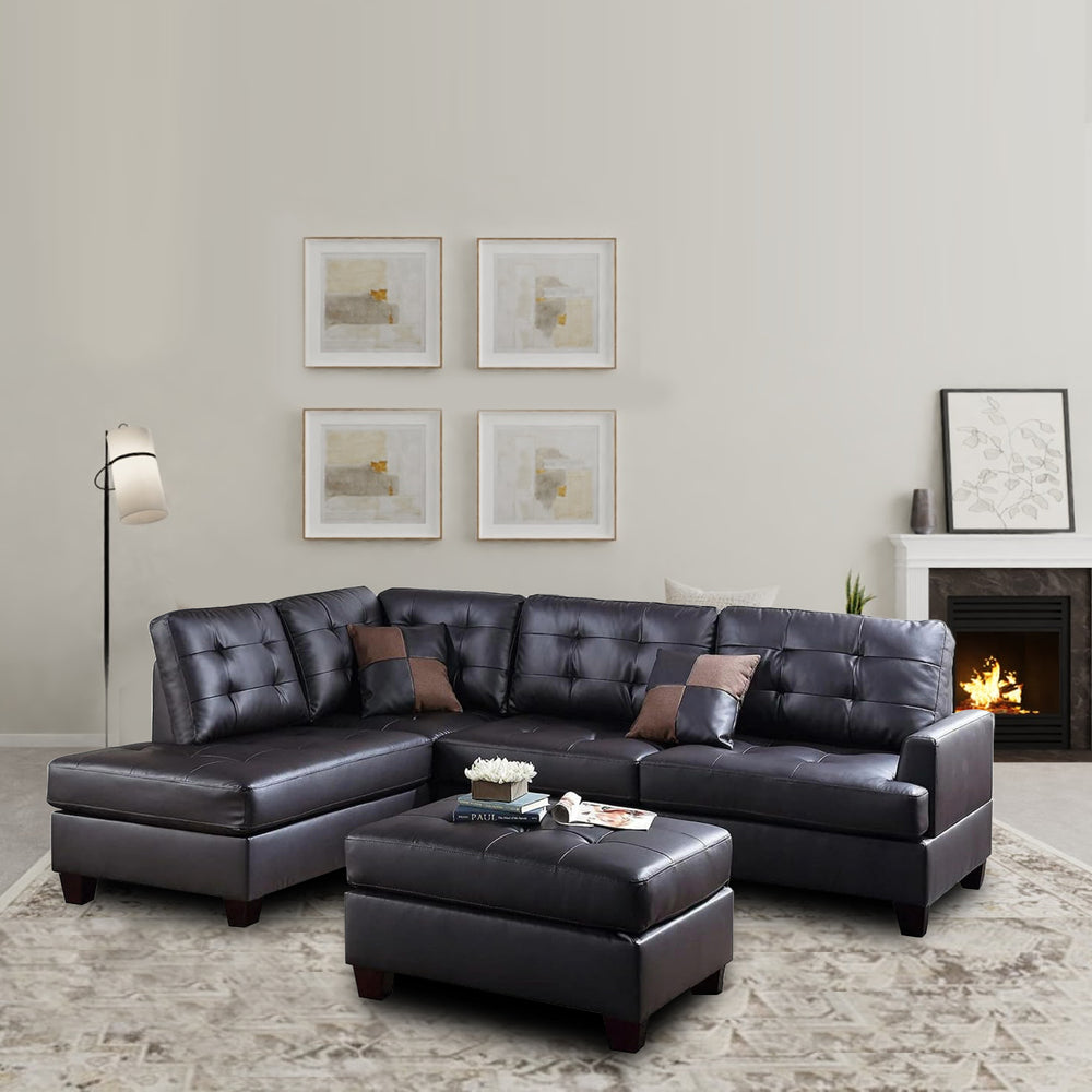 Contemporary Espresso Faux Leather Sectional Sofa Set with Ottoman - Luxurious Comfort for Modern Living