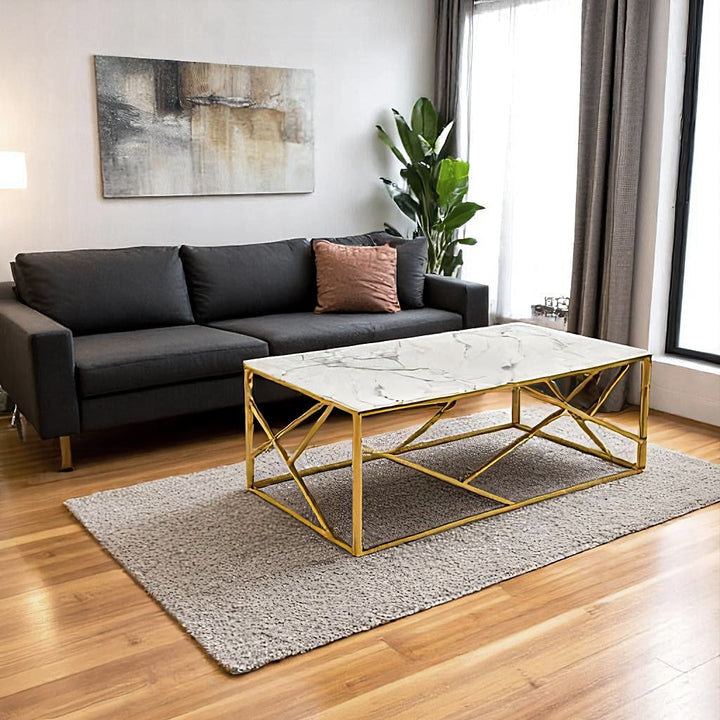 Carole Coffee Table Set With Marble Top & Gold Finish