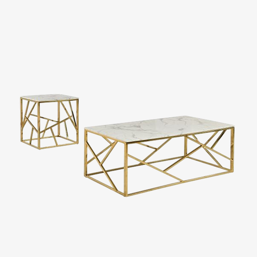 Carole Coffee Table Set With Marble Top & Gold Finish