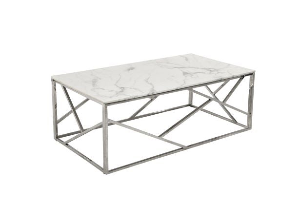 Carole Marble Coffee Table Set - Cyprus Faux Marble Glass, Silver Elegance for Modern Living Spaces