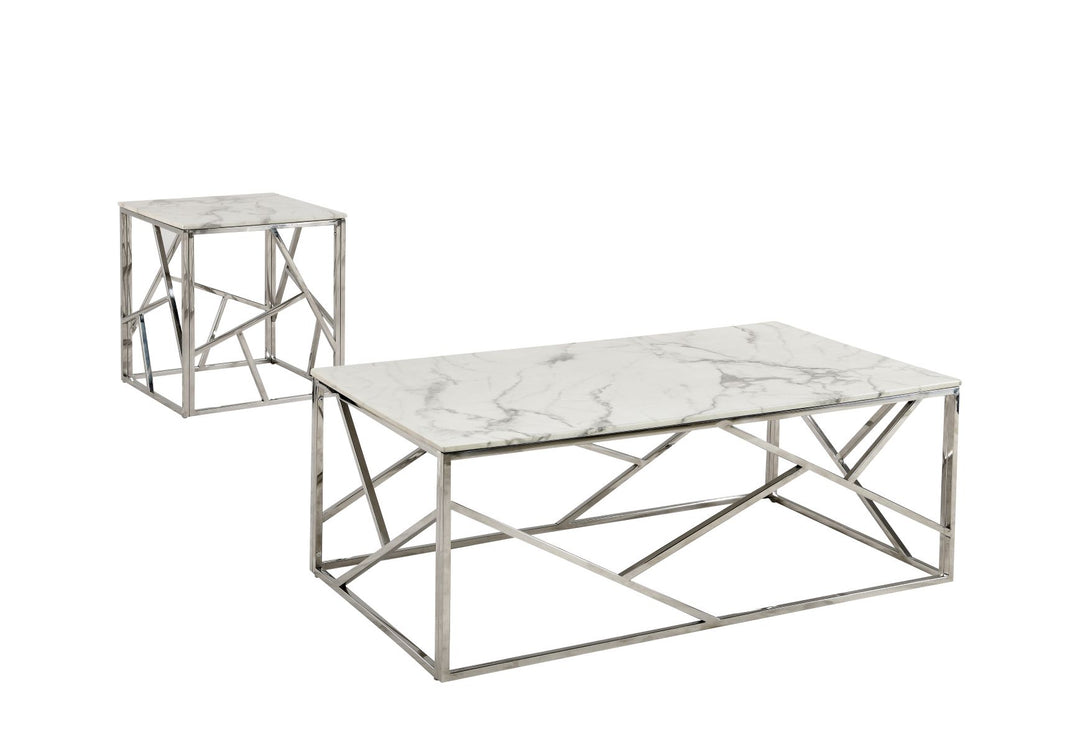 Carole Marble Coffee Table Set - Cyprus Faux Marble Glass, Silver Elegance for Modern Living Spaces
