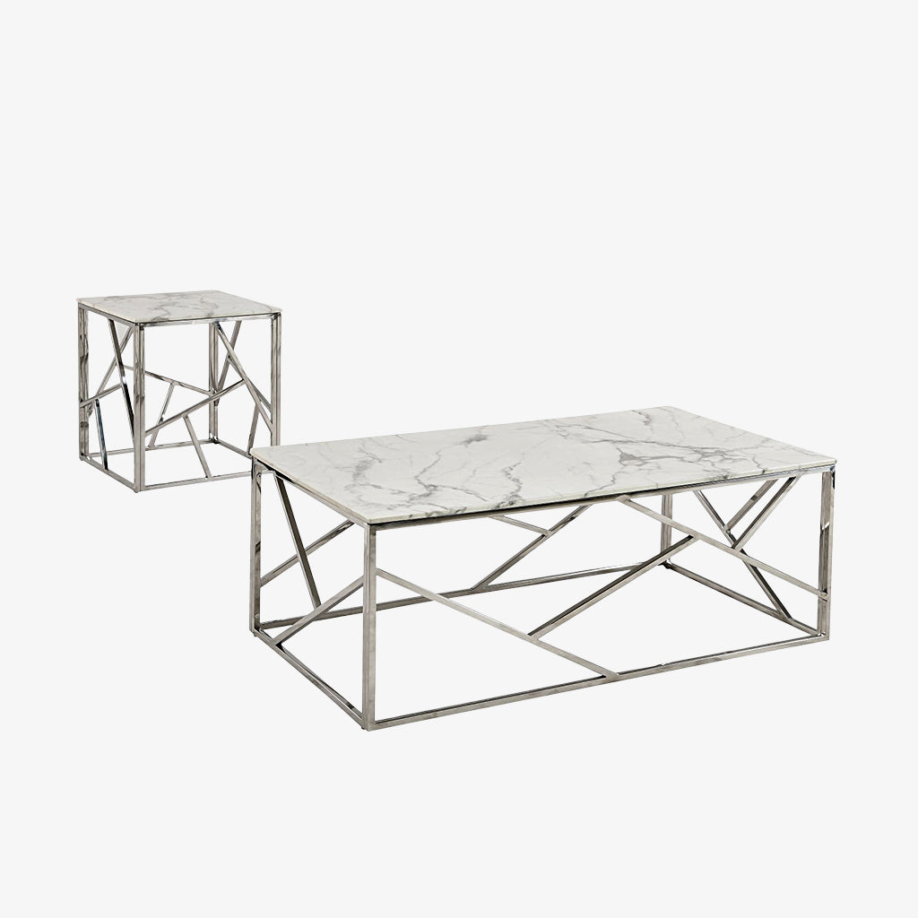 Carole Coffee Table Set With Marble Top & Chrome Finish