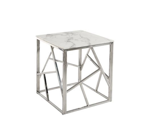 Carole Marble End Table - Cyprus Faux Marble Glass, Silver Elegance for Modern Living Spaces
