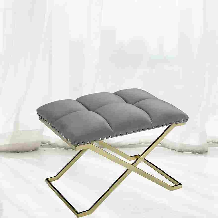 Golden Elegance Gray and Gold Contemporary Single Bench with Diamond Button Tufting